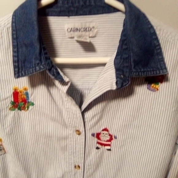 CABIN Creek Christmas ladies blue and white pin stripe blouse. Size large - Picture 2 of 7